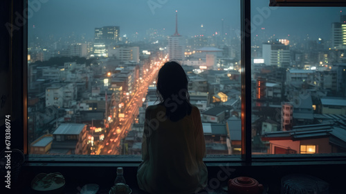 Silhouette of a woman standing by the window of a skyscraper taking in the view of the city in rain at dusk (ID: 678386974)
