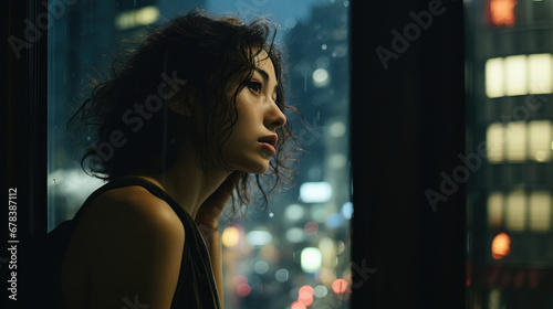 Asian woman standing by the window of a skyscraper taking in the view of the city in rain at dusk photo