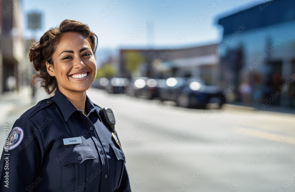 Young woman working as police officer or cop, closeup portrait, positive smiling expression, blurred city background. Generative AI