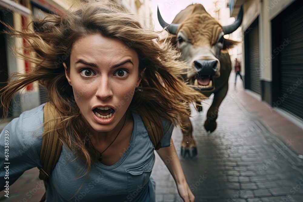 Scared woman running from a bull through Spain streets.