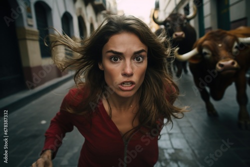 Scared woman running from a bull through Spain streets. © Bargais