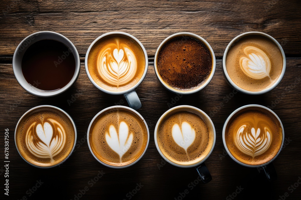 Cups of coffee with styles of hearts shaped in the foam of them Cups of coffee with styles of hearts shaped in the foam of them