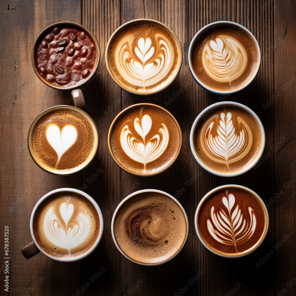 Cups of coffee with styles of hearts shaped in the foam of them Cups of coffee with styles of hearts shaped in the foam of them
