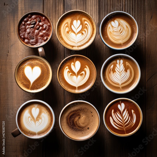 Cups of coffee with styles of hearts shaped in the foam of them