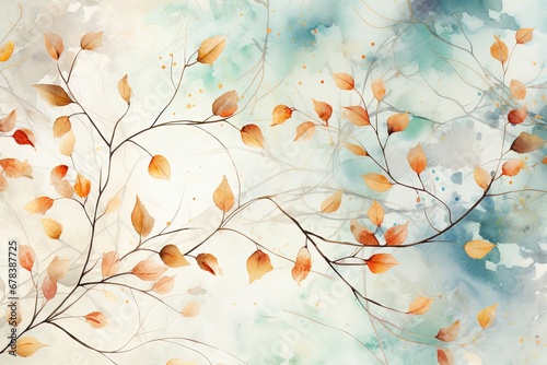 Abstract watercolor pattern with linden branch and leaves.