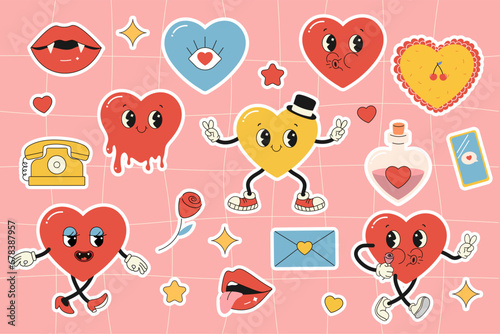 Set groovy heart character, valentine's day, vector