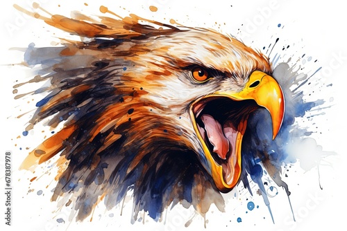Watercolor painting of angry eagle. photo