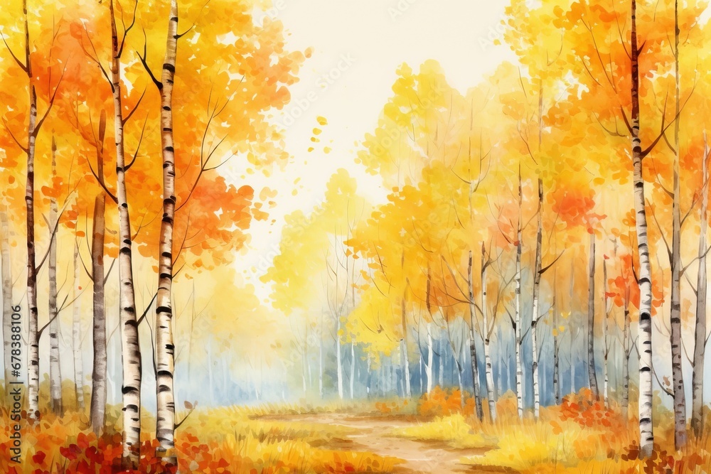 Autumn forest landscape, watercolor painting.