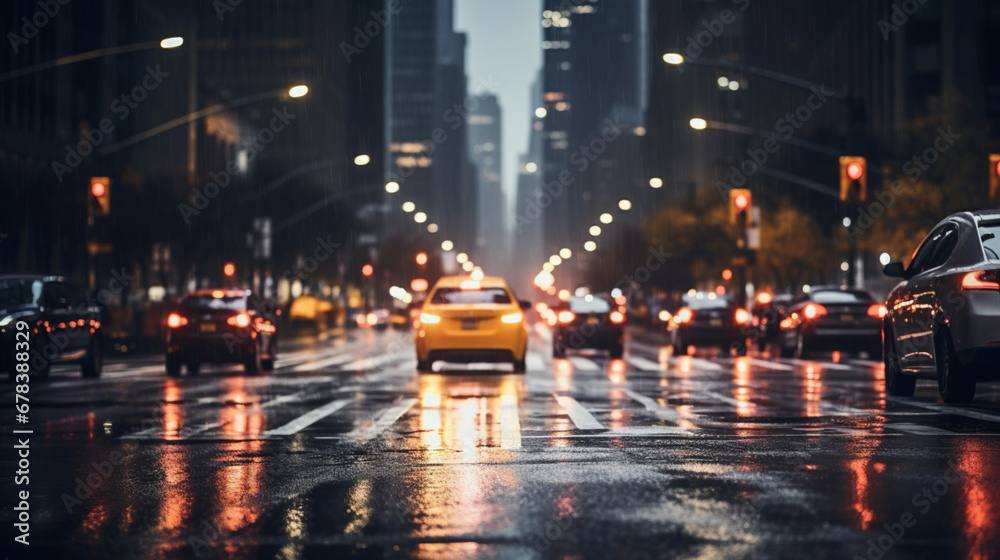 In a metropolis at night under heavy rain traffic is congested at a busy intersection observed at road level. Generative AI In a metropolis at night under heavy rain traffic is congested at a busy intersection observed at road level. Generative AI