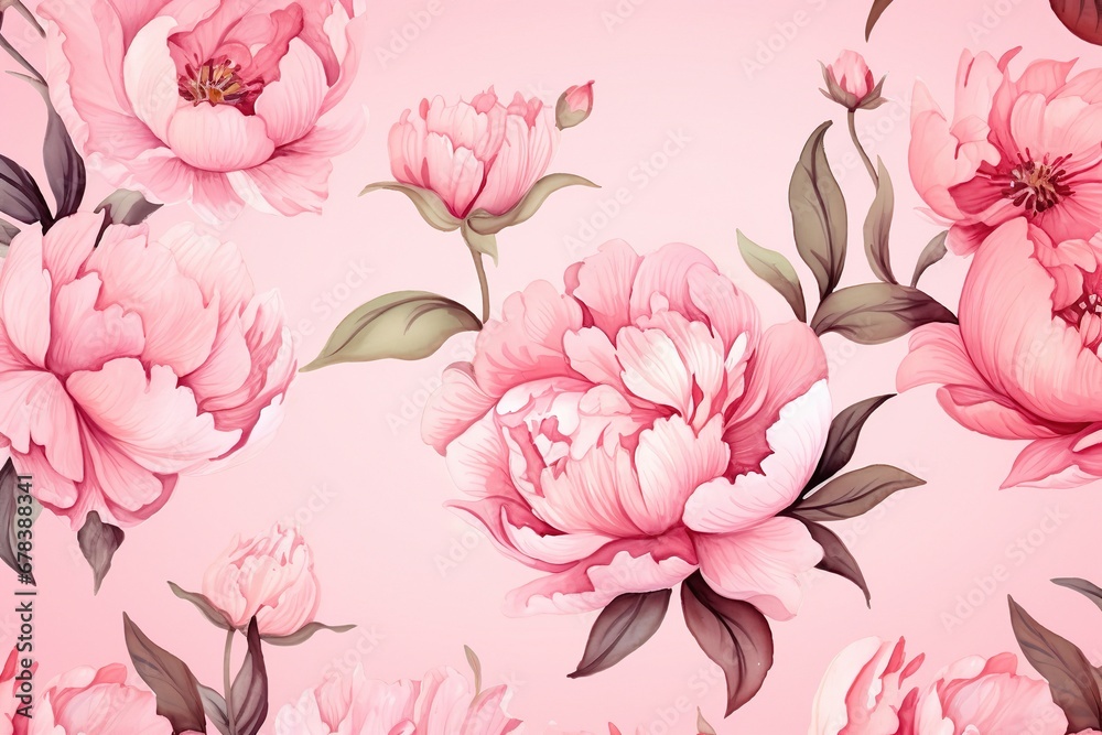 watercolor peony flowers on pink background