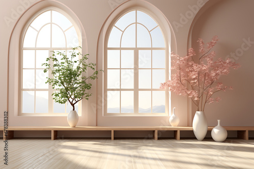 A room with arched windows that allow warm natural light to flood in, illuminating the wooden floor and walls adorned with intricate molding and fixtures ai generative © Екатерина Чумаченко