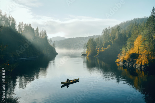 Kayaking on the forest lake in the morning
