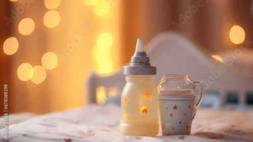 baby bottle, pacifier, milk, baby formula, food, children's room on the background, childhood, newborn, feeding, kid, child, home, comfort, health, birth