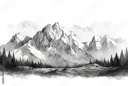 Black and white hand drawn pencil sketch of a mountain landscape.