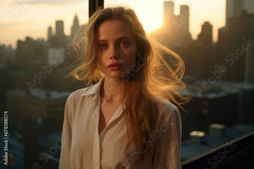 Portrait of a brunette woman in the city during sunset (ID: 678388574)