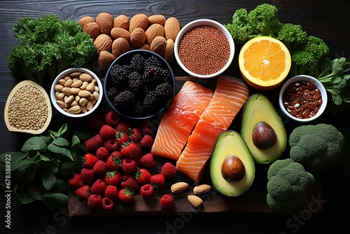 High protein foods including legumes, meat, fish, berries, bananas, nuts, seeds, grains and powdered supplements. Foods rich in fiber, antioxidants and vitamins. AI