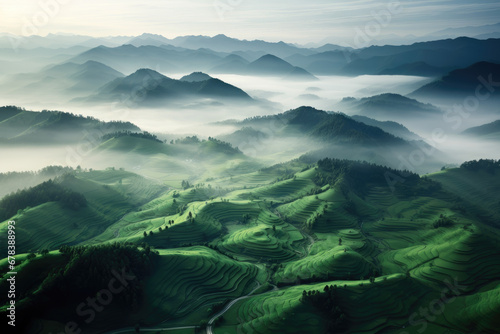 Landscape of a meadow with a river covered in fog in the morning