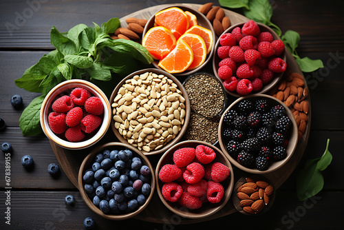 High protein foods including legumes, meat, fish, berries, bananas, nuts, seeds, grains and powdered supplements. Foods rich in fiber, antioxidants and vitamins. AI
