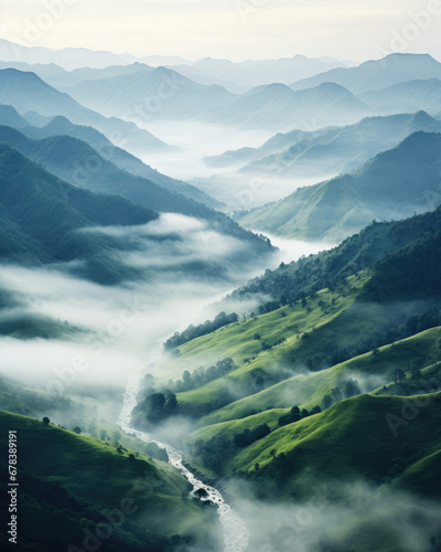 Landscape of a forest valley with a river covered in fog in the morning