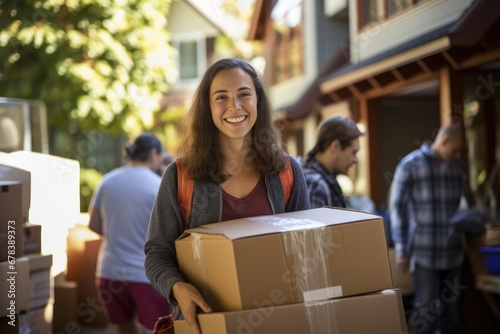 Young pretty female college student moving into college campus to start new academic course