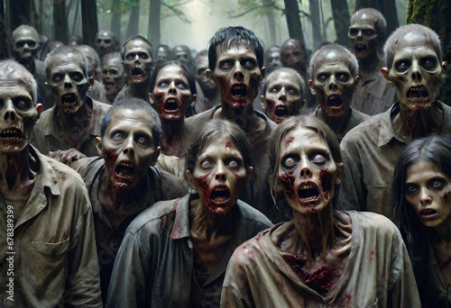 a mob of zombies in a forest. generative ai © Martin