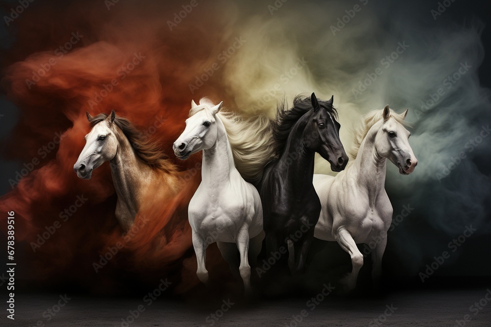 Four horses of the apocalypse - white, red, black and pale. Bible revelation. Four horses of the apocalypse - white, red, black and pale. Bible revelation.