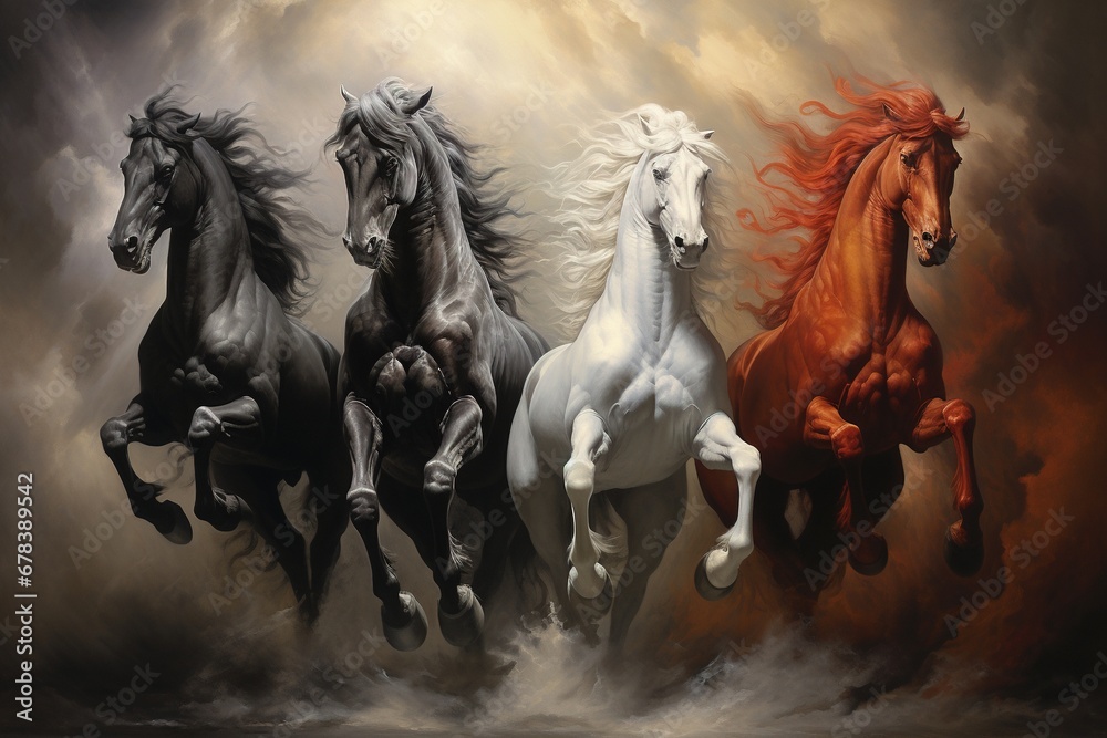 Four horses of the apocalypse - white, red, black and pale. Bible revelation. - obrazy, fototapety, plakaty 