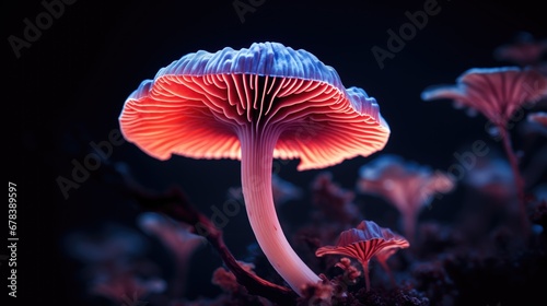 Macro close-up of a fantasy glowing mushroom or magical pink fungus at night photo