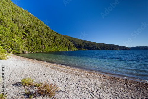 Sandy beach on Lake Okataina, Rotorua,New Zealand photo