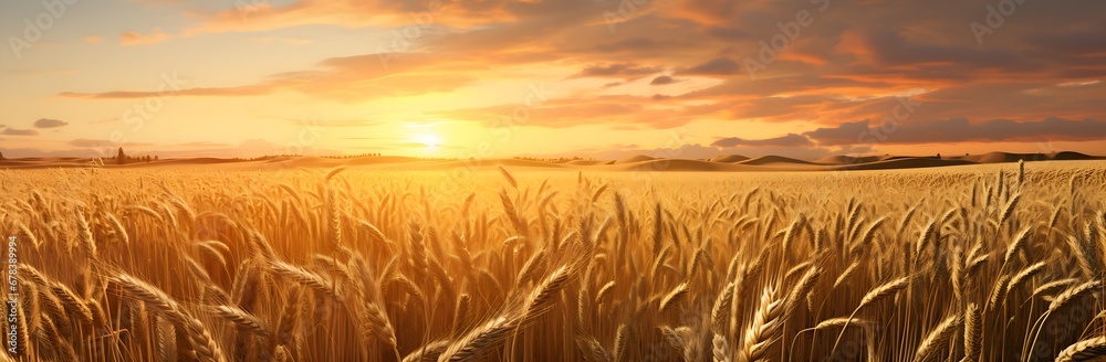 Golden Harvest Sunset: Beautiful Wheat Field Poster with Copy Space - Hatecore Aesthetic