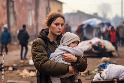 Young homeless woman holds baby in her arms.