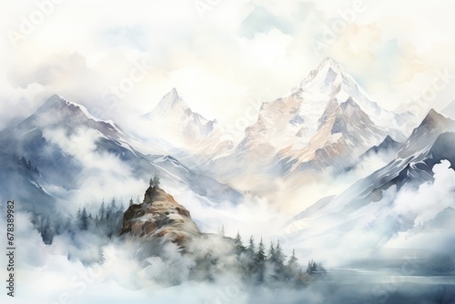 Watercolor painting of high mountains.