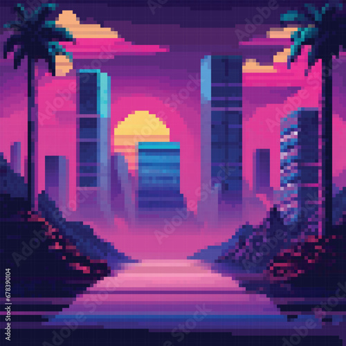Vector pixel art of 80s Retro sci-Fi background. Synthwave  Vaporwave  Retrowave. Pixel art background with mountains. 8bit 