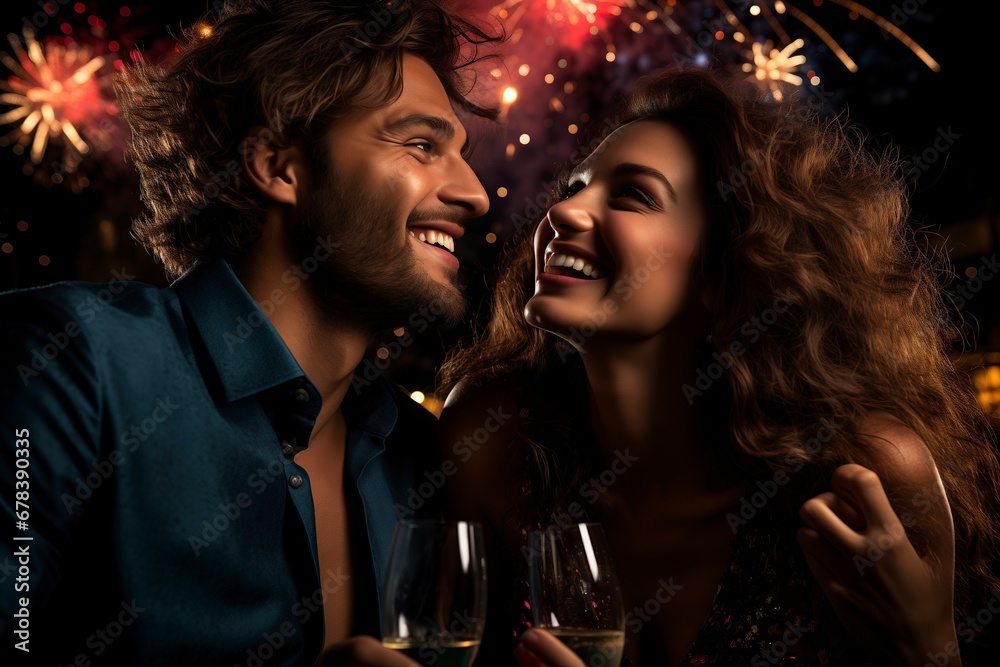 Joyous couple celebrating the New Year with champagne, surrounded by a spectacular fireworks display. 'generative AI'