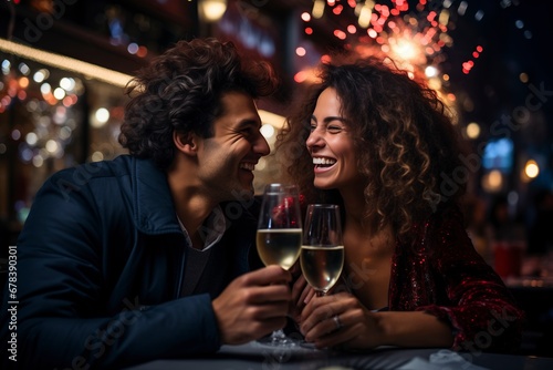 Joyous couple celebrating the New Year with champagne, surrounded by a spectacular fireworks display. 'generative AI'