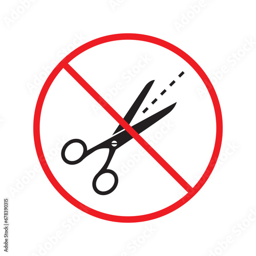 Forbidden Prohibited Warning, caution, attention, restriction label danger. Do not use Scissors vector icon. Haircutter flat sign design. No Scissors symbol pictogram UX UI