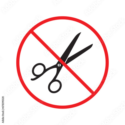 Forbidden Prohibited Warning, caution, attention, restriction label danger. Do not use Scissors vector icon. Haircutter flat sign design. No Scissors symbol pictogram UX UI