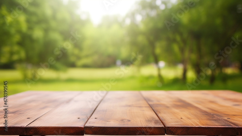 Wood table in sunny park landscape, Wooden tabletop with empty copy space in nature backdrop | Generative AI