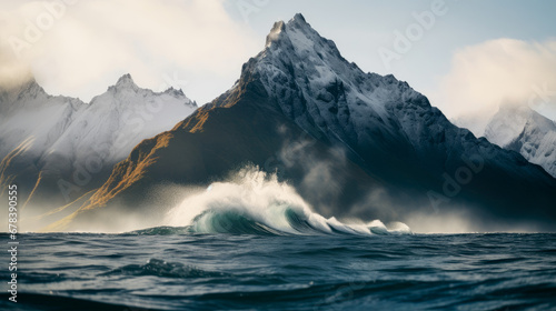Waves crashing with a mountain in the background photo