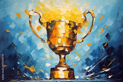 Golden trophy and streamers in sport competition with blue background. Palette knife oil painting.