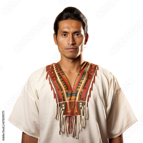 front view mid body shot of a male Achuar from Ecuador in a Cotton Tunic traditional clothing isolated on a white transparent background photo