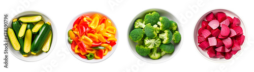 Top view of zucchini, chopped bell peppers, broccoli, and chopped beetroots. Isolated transparent background photo