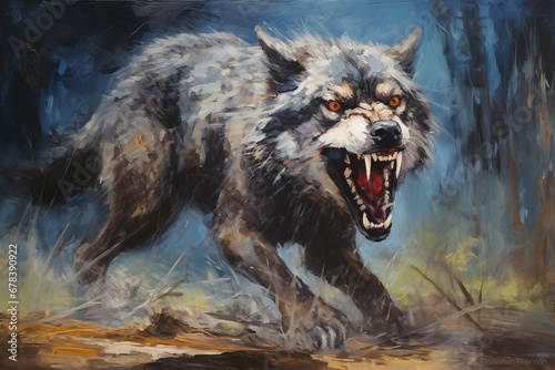 Wolf running snarling with teeth. Palette knife oil painting. photo