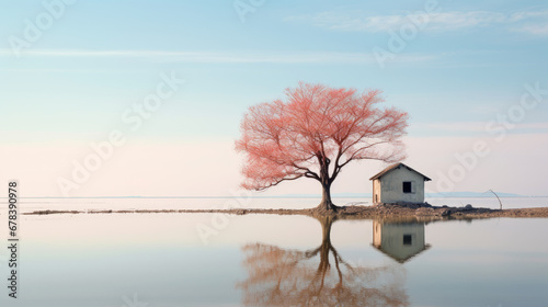 White cottage next to a lone tree at the lake