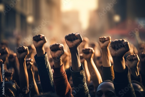 People's hands raised with clenched fists. Concept of human rights, equality.