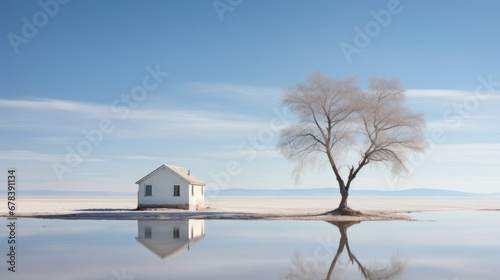 White cottage next to a lone tree at the lake photo
