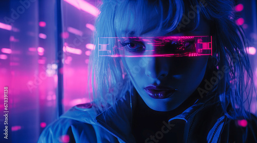  An enthusiastic and attractive girl, adorned with glasses, poses with vibrancy in a studio illuminated by neon cyber lights. A modern fashion portrait capturing contemporary style and energy.