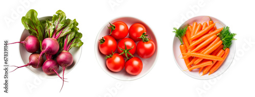 Beetroot, tomatoes and carrots on white bowls over isolated transparent background