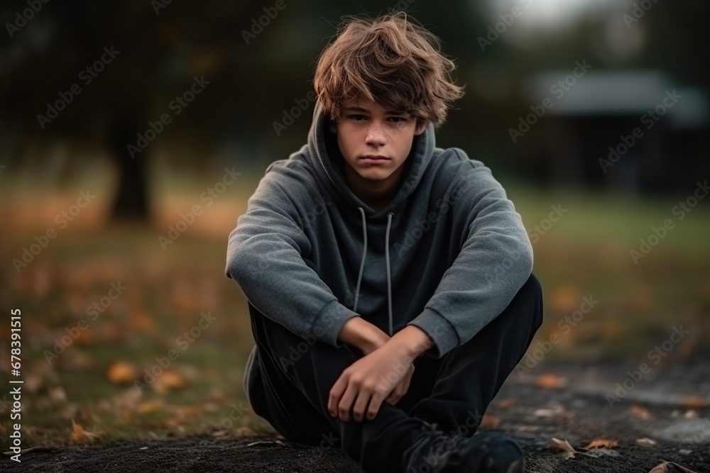 Sad, depressed teenager sitting outdoors alone. Sad, depressed teenager sitting outdoors alone.