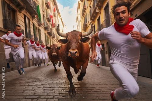 Running of bulls in Pamplona, Spain. photo